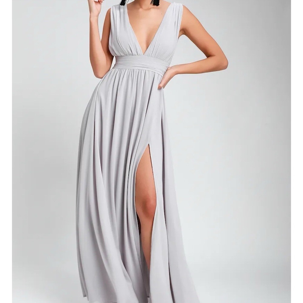 Lulus Maxi Dress Heavenly Hues S Light‎ Grey Plunge V Neck Formal Prom